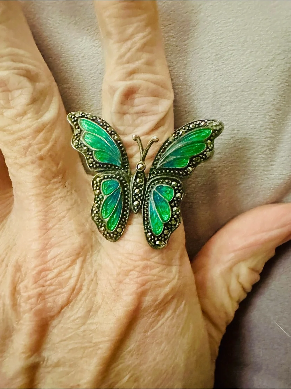 Vintage 925 Thailand Green Cloissonne Enamel Marcasite Butterfly Statement Ring